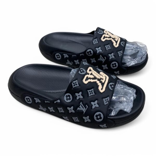  Men's Black Designer Inspired Slides - Monogram Pattern Comfort